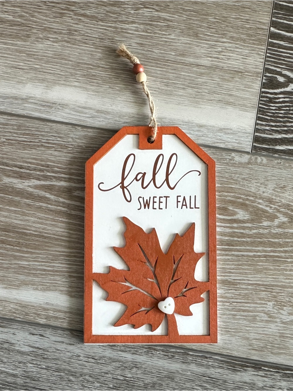 NWOT Fall Sweet Fall Wood Sign Leaf w Heart Button Beaded Jute Rope Hanger
